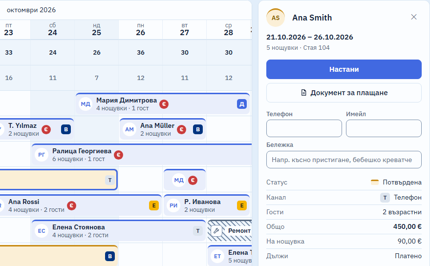 Календарът с отворен панел на резервацията на Ana Smith, стая 104, 5 нощувки: най-отгоре бутон „Настани“, под него „Документ за плащане“; общо 450,00 €, 90,00 € на нощувка, платено.
