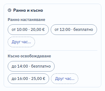 Блокът „Ранно и късно“ в панела на резервацията: ранно настаняване „от 10:00 · 20,00 €“, „от 12:00 · безплатно“ и „Друг час…“; късно освобождаване „до 14:00 · безплатно“, „до 16:00 · 25,00 €“ и „Друг час…“.